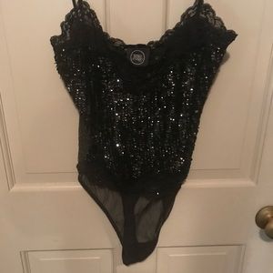LaPerla  ritmo black sequin and mesh thong back snap crotch bodysuit